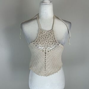 Crochet Knit Halter Top Crop Tank Beige Eclectic Boho Hippie Tan Ivory Antique